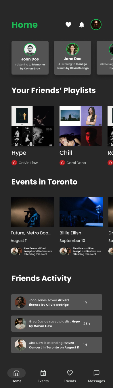Home: a dense multi-section dark feed — screenshot