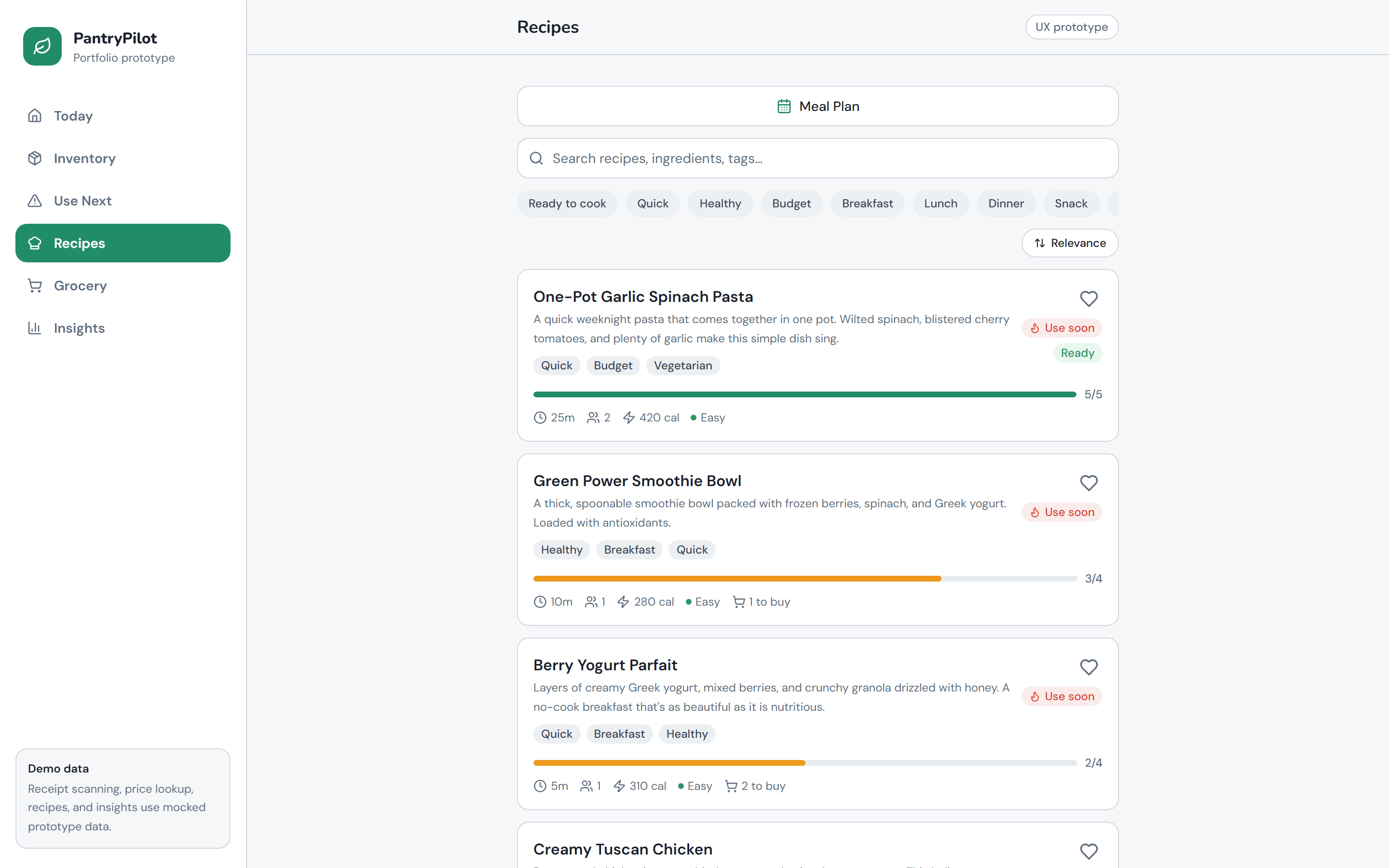 Recipe matching by coverage and expiry risk — screenshot