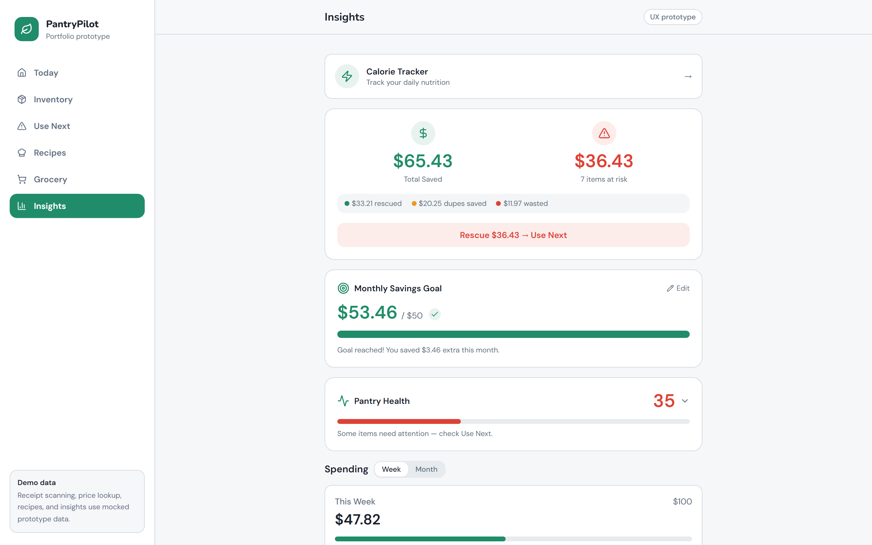 Savings and pantry health insights — screenshot