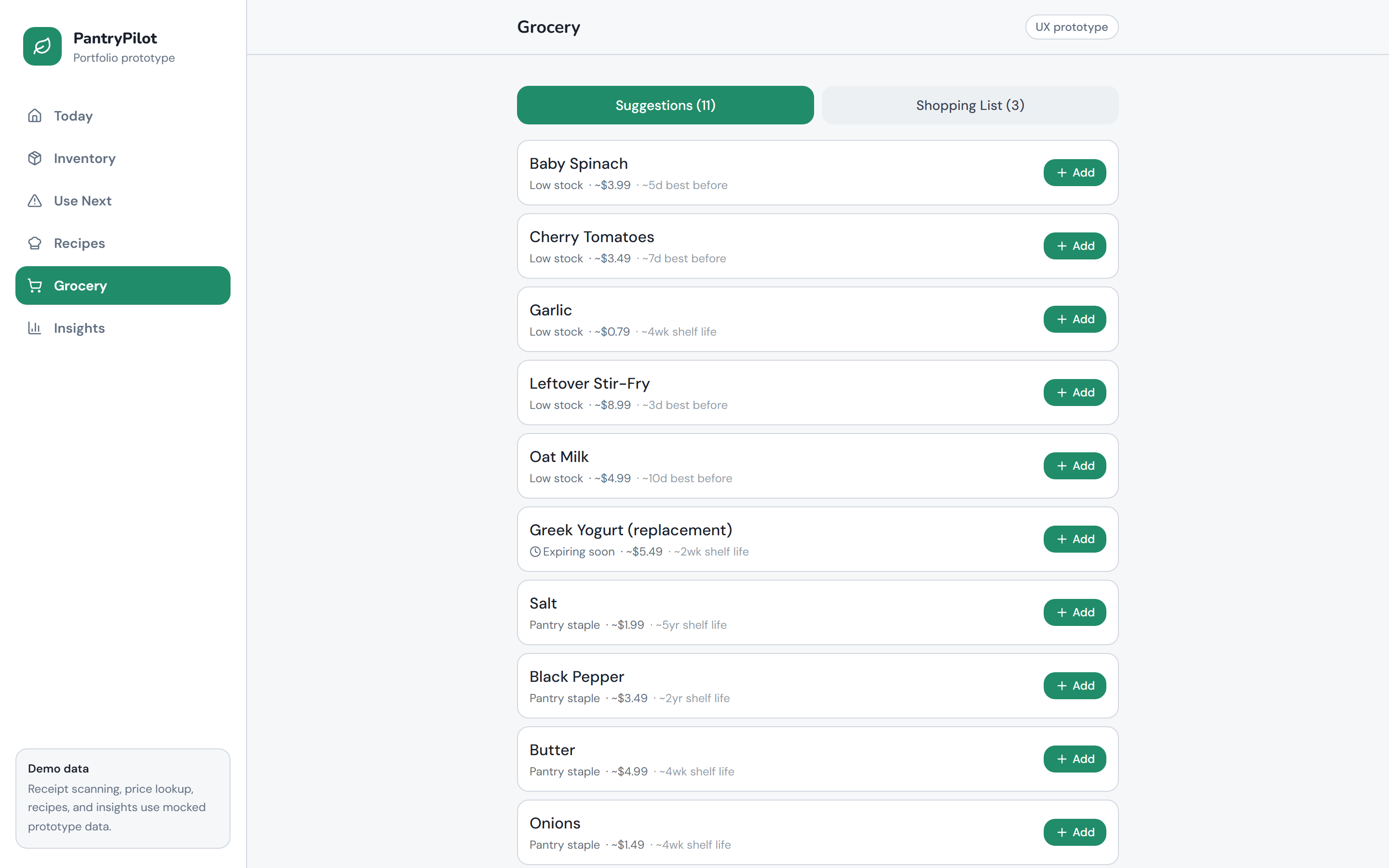 Smart grocery suggestions — screenshot