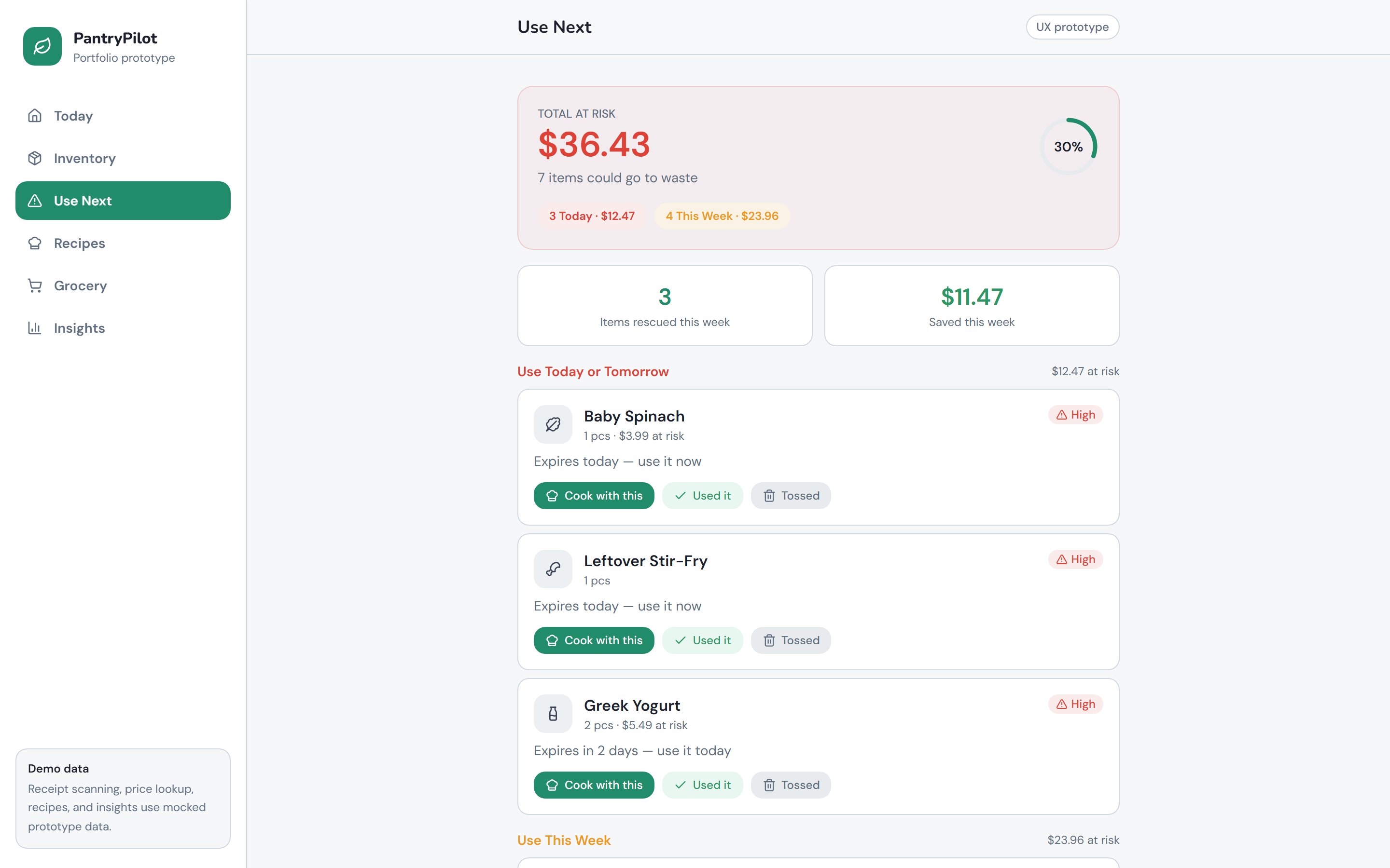 Use-Next: expiry-first triage queue — screenshot