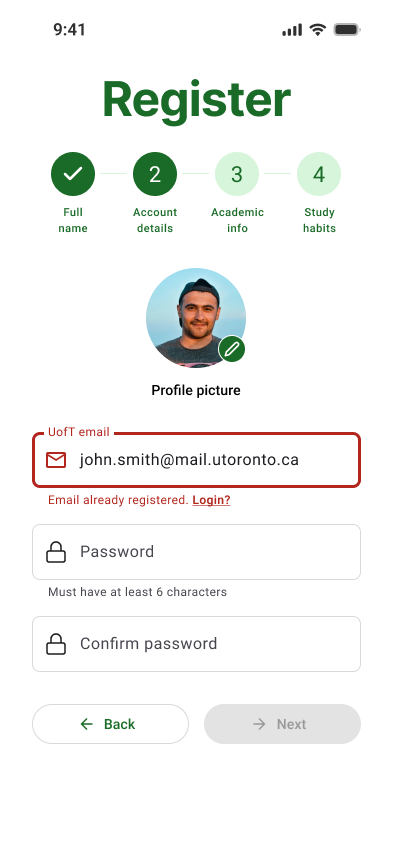 UofT-verified signup + multistep onboarding — screenshot