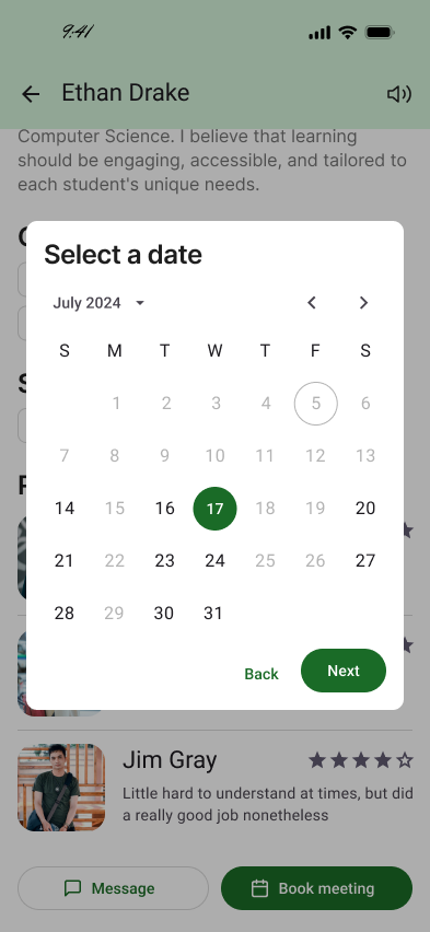 Tutor profile + meeting booking flow — screenshot