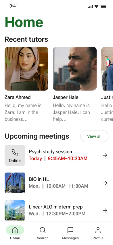 Home dashboard with upcoming meeting banners — screenshot